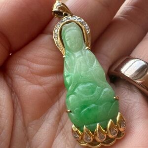 Vintage Powerful 14k Jade Pendant Diamond Halo & Pedestal Buddha Guanyin
